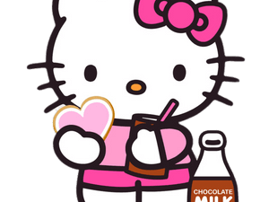 Hello Kitty, chocolate milk, cute character, pink bow, snack time, Sanrio PNG