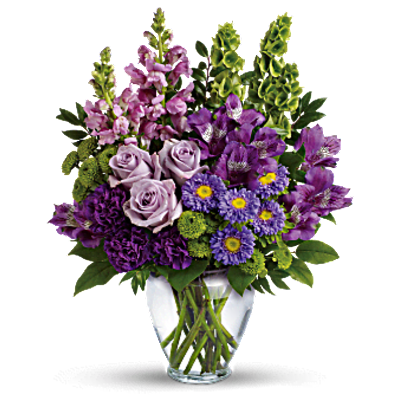 purple flower bouquet, floral arrangement, glass vase display, vibrant blossoms, Flower Bouquet PNG