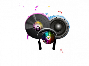 music, vinyl records, audio speakers, headphones, sound waves, musical elements, colorful design, entertainment, DJ PNG