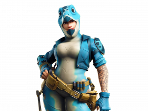 gaming character, blue outfit, frog-themed costume, action figure, Fortnite PNG