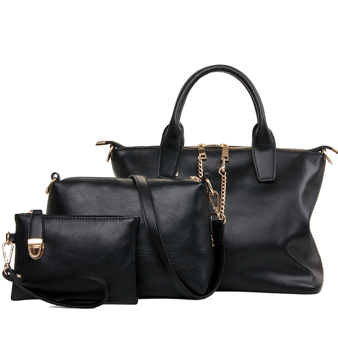 black leather handbag, stylish purse set, women's fashion accessories, versatile tote bags, Leather Bag PNG