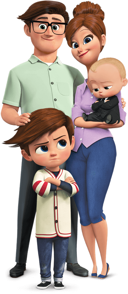 animated family, cartoon characters, humorous expressions, sibling dynamics, The Boss Baby PNG