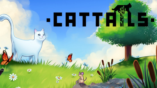 Cover art for one of the best cat games, Cattails, showing a white cat in a field