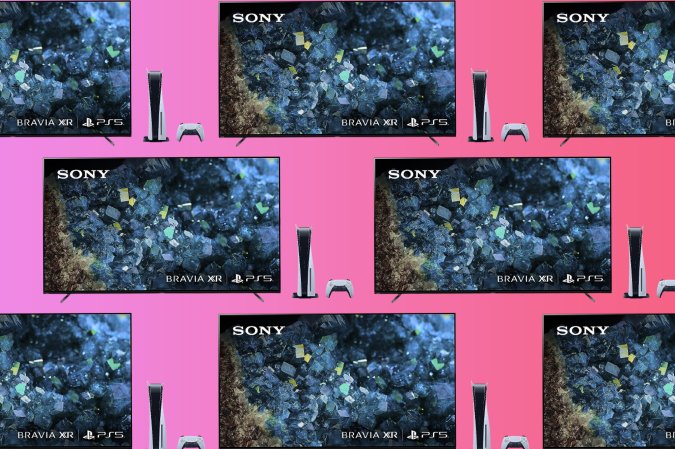 A PS5 and Sony Television bundle on a pink gradient background