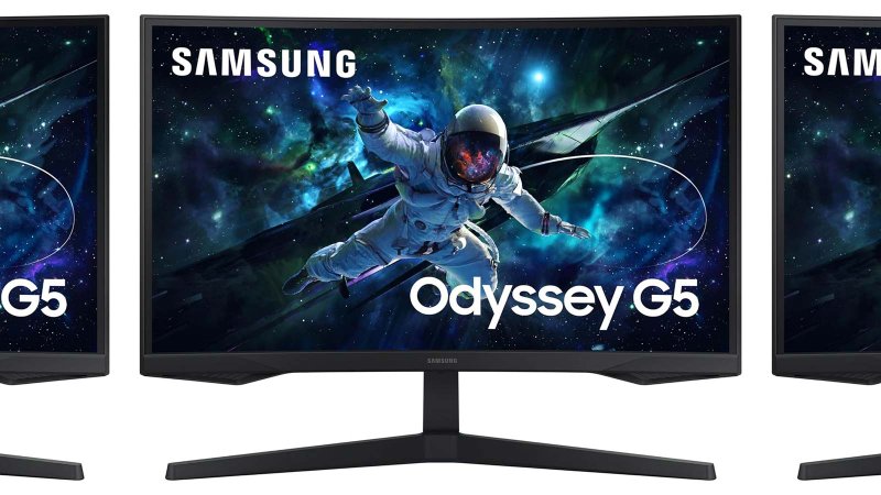 Samsung Odyssey G5 monitors in a row for Amazon Prime Day sale