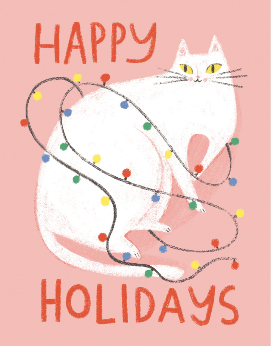 Illustration of a white cat surrounded by colorful holiday lights on a pink background for your holiday sayings.