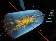 This undated image made available by CERN shows a typical candidate event including two high-energy photons whose energy (depicted by red towers) is measured in the CMS electromagnetic calorimeter. The yellow lines are the measured tracks of other particles produced in the collision. The pale blue volume shows the CMS crystal calorimeter barrel. To cheers and standing ovations, scientists at the world's biggest atom smasher claimed the discovery of a new subatomic particle Wednesday July 4, 2012, calling it "consistent" with the long-sought Higgs boson — popularly known as the "God particle" — that helps explain what gives all matter in the universe size and shape. (AP Photo/CERN) EDITORIAL USE ONLY - MANDATORY CREDIT -