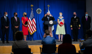 Vice President Mike Pence, center, chair of the White House Coronavirus Task Force, along with other members of the task force and government. (AP Photo/Manuel Balce Ceneta)