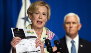 White House coronavirus response coordinator Dr. Deborah Birx with Vice President Mike Pence holds a graph as she speaks during a White House Coronavirus Task Force briefing at the Department of Education building Wednesday, July 8, 2020, in Washington.  (AP Photo/Manuel Balce Ceneta)