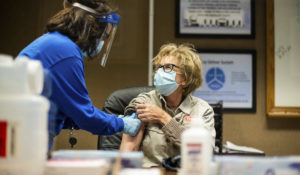 Tyson Foods team members receive vaccines from health officials at the Wilkesboro, N.C. facility on Wednesday, Feb. 3, 2021. (Melissa Melvin/AP Images for Tyson Foods)