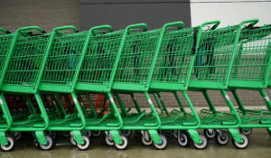 Shopping carts at an Amazon Fresh grocery store in Warrington, Pa., Friday, Feb. 4, 2022. (AP Photo/Matt Rourke)