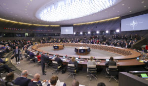 NATO defense ministers attend a meeting of the North Atlantic Council at NATO headquarters in Brussels Oct. 13, 2022. (AP Photo/Olivier Matthys)