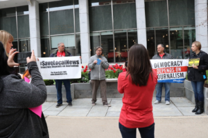 Gallagher speaking at a union rally several years ago (Courtesy: Newspaper Guild of Detroit)