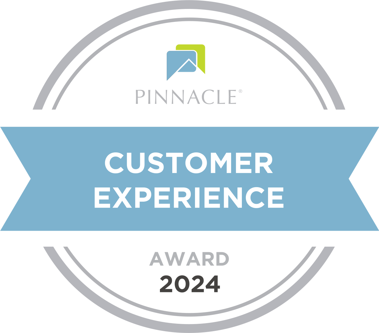 A circular badge with "Pinnacle" logo at the top and a banner in the middle reading "Customer Experience Award 2024.