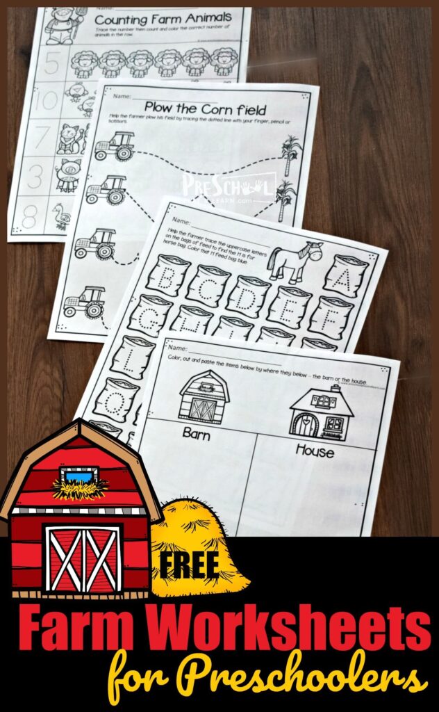 FREE Farm Worksheets for Preschoolers - these super cute, free printable preschool worksheets are a great way to practice counting, letters, colors, and more. #preschool #preschoolers