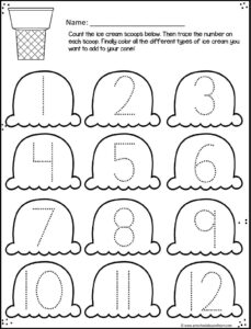 Ice Cream Cone trace numbers 1-12 summer worksheets for preschoolers