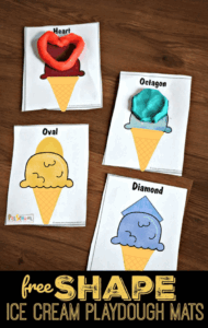 Kids will have fun practicing forming shapes while strengthening hand muscles with these ice cream playdough mats! With these free ice cream printables, children will form shape ice cream cones out of playdoh for a fun shape activity for preschoolers, toddlers, and kindergartners. This is perfect for parents, teachers, and summer camps to use as a summer preschool activity. SImply download ice cream printables pdf file and you are ready to play and learn with this ice cream preschool activities.