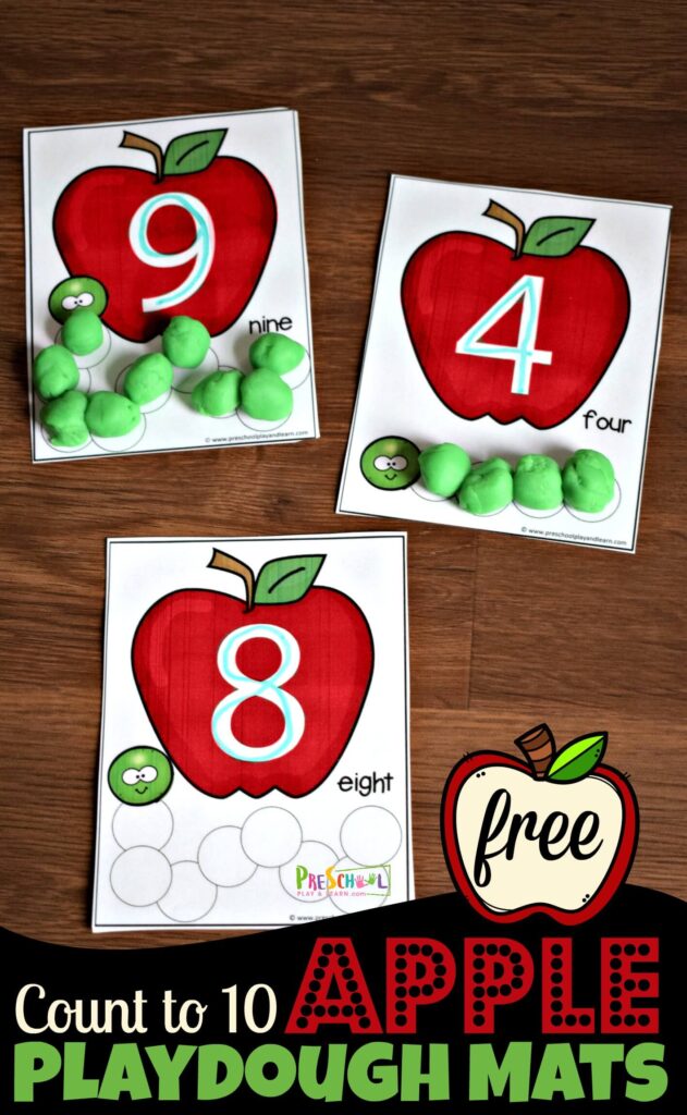 FREE Apple Count to 10 Playdough Mats - super cute toddler, preschool, kindergarten math activity for counting, tracing numbers in september #appletheme #preschoolmath #playdough