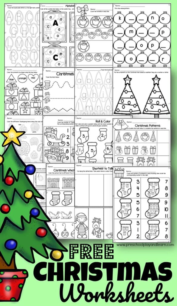 FREE Christmas Worksheets - make practicing alphabet letters, counting, shapes, colors, what comes next, patterns, and more fun with these holiday worksheets for toddler, preschool, prek, and kindergarten age kids #freeworksheets #preschool #christmas