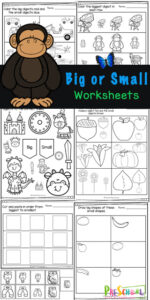 Help young children work on visual discriination with these Big and Small Worksheets. These handy, NO PREP, big or small worksheets are great for strengthening math and fine motor skills for young children while helping them learn about different sizes. Use these Big Small Worksheets with toddler, preschool, pre-k, kindergarten, and first graders. Simply download pdf file with small, smaller, smallest worksheets and you are ready to practice with free math worksheets!