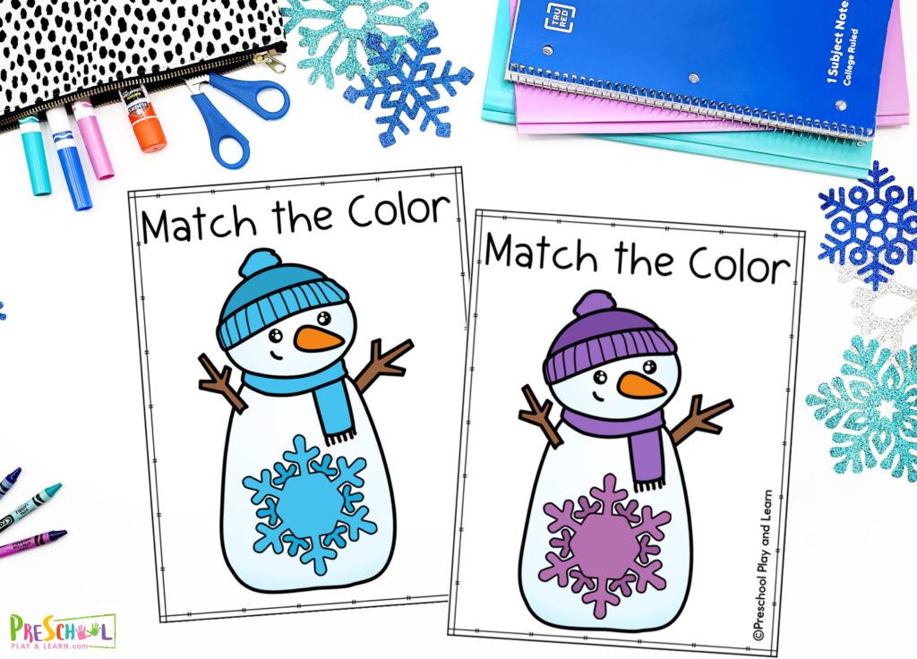 This activity is as simple as it is educational. It's perfect for teaching toddlers their colors while helping them develop fine motor skills. You only need the paper snowmen with colored hats/scarves and matching snowflakes in various colors. Spread out the snowflakes on the table or floor, and encourage your little one to match each snowman with a snowflake of the same color.