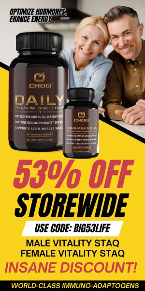 Image of a promotional ad for "CHOQ" supplements offering 53% off storewide with the code BIG53LIFE.