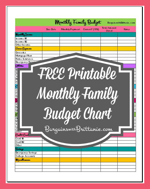 Printable Monthly Budget Chart