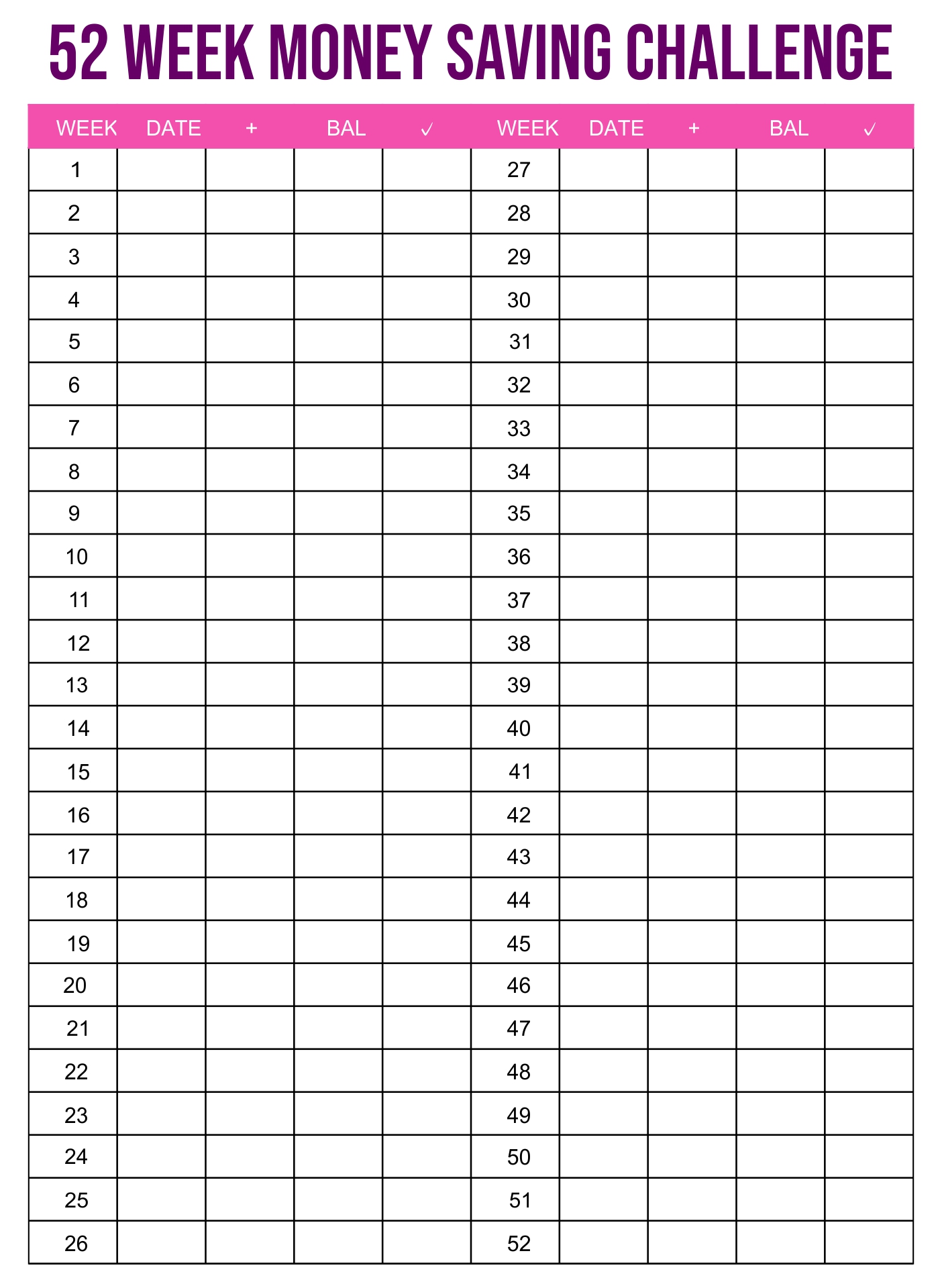 Weekly Savings Chart For 52 Weeks