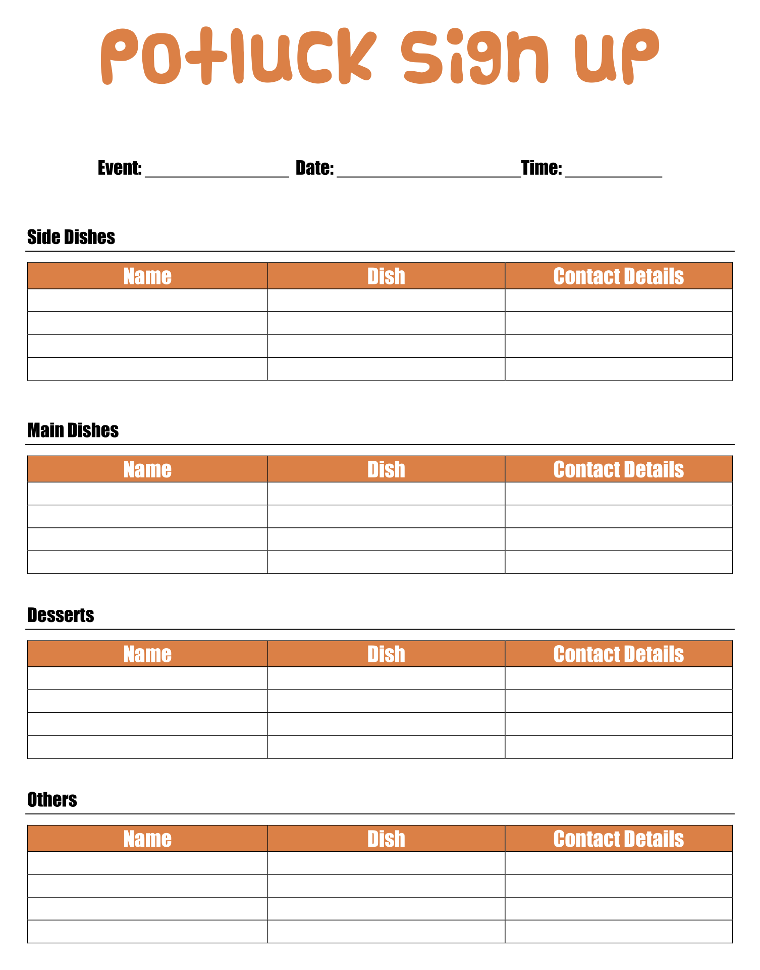 Potluck Sign Up Sheet Template