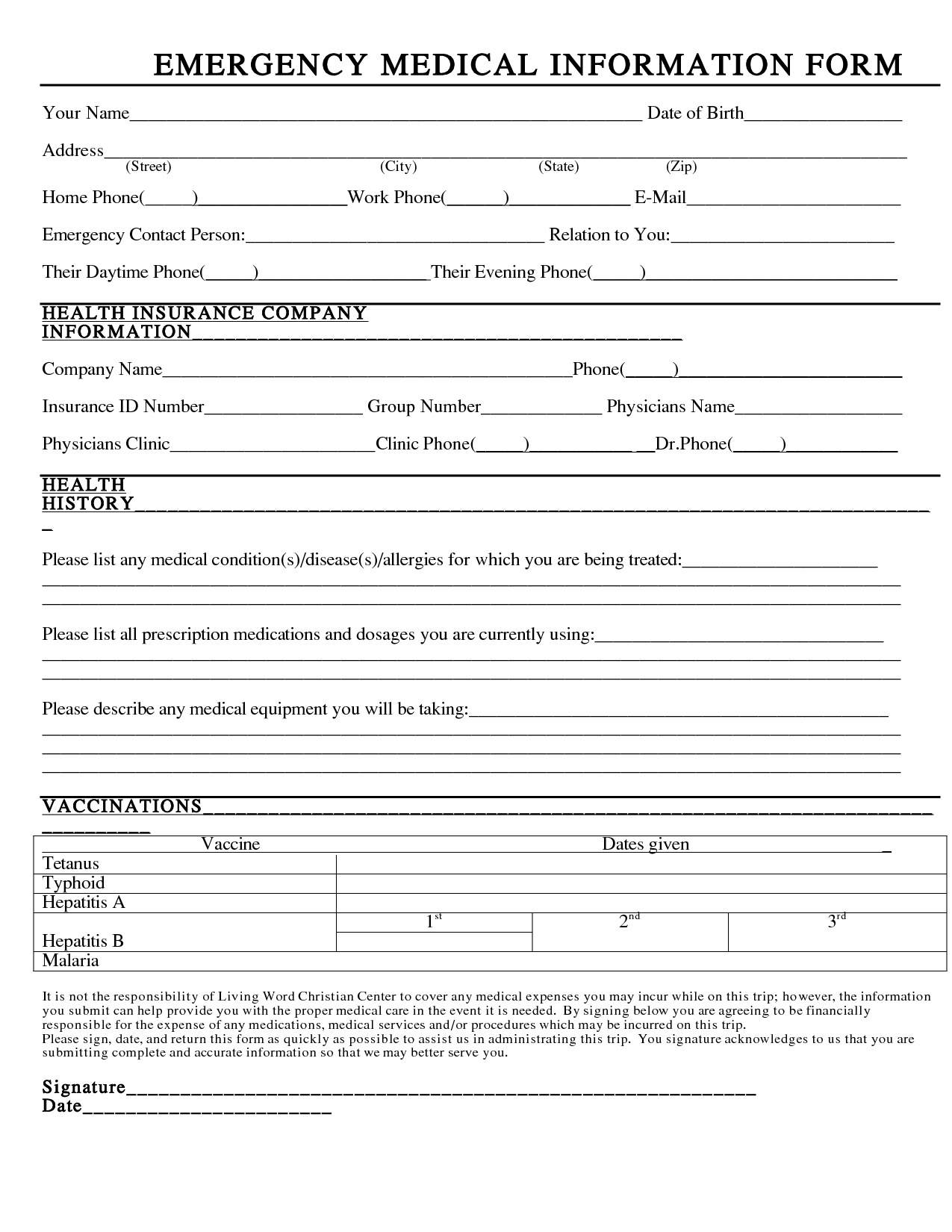 Emergency Medical Form Template