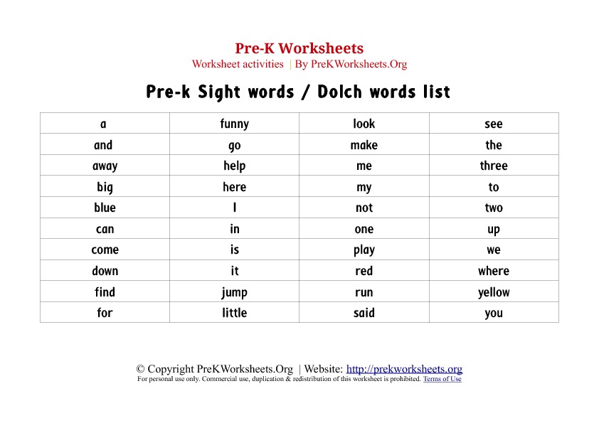 6 Best Images of Free Printable Pre-K Sight Words Worksheets - Pre-K ...