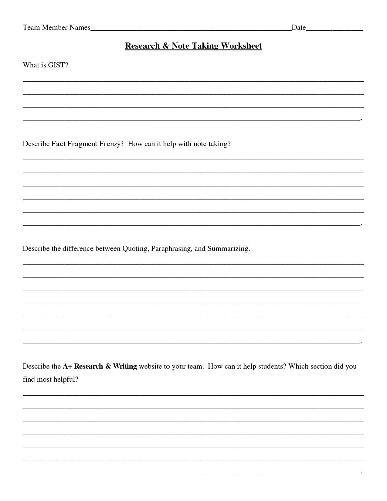 Note Taking Worksheets