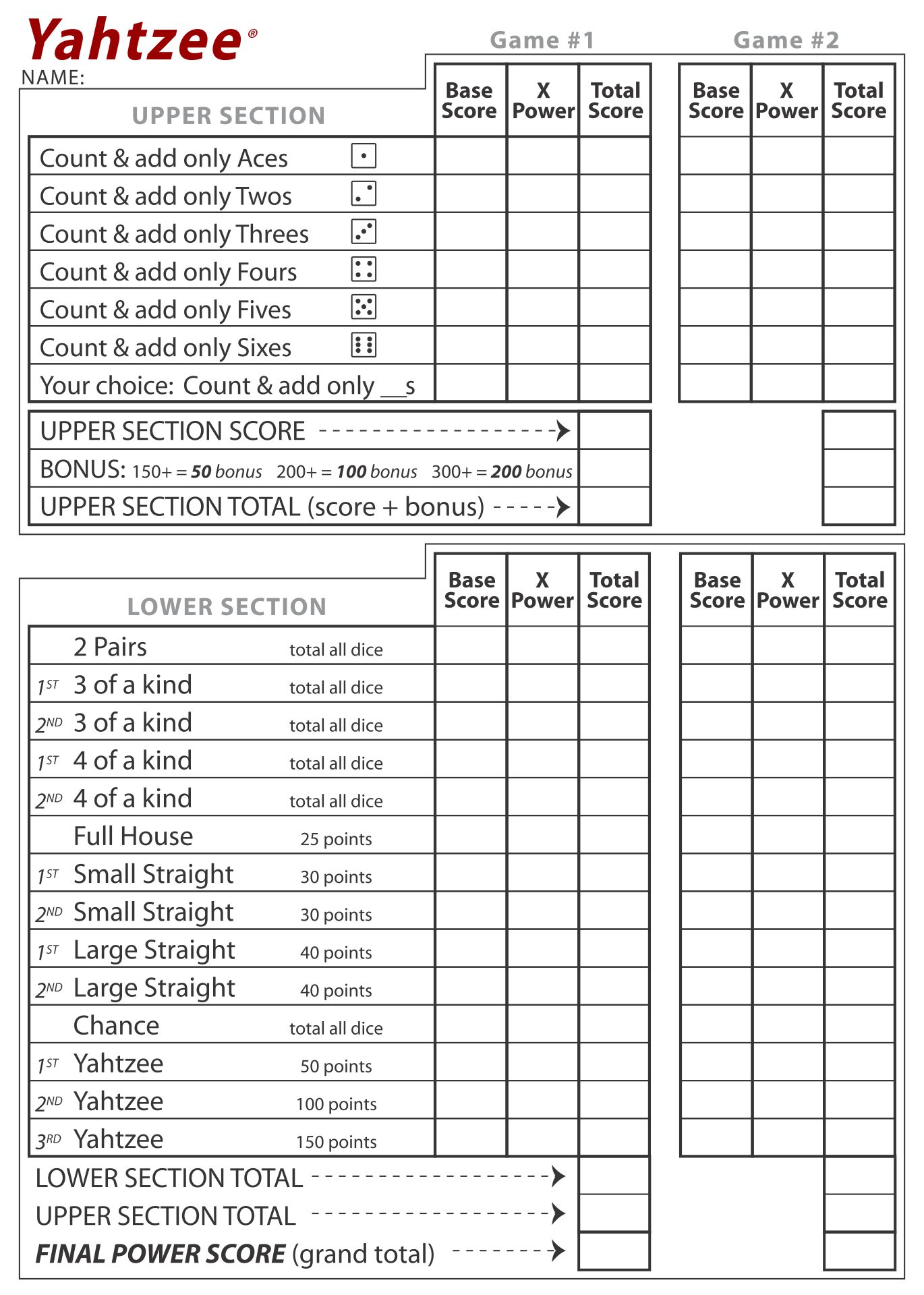 Printable Large Print Yahtzee Score Sheets