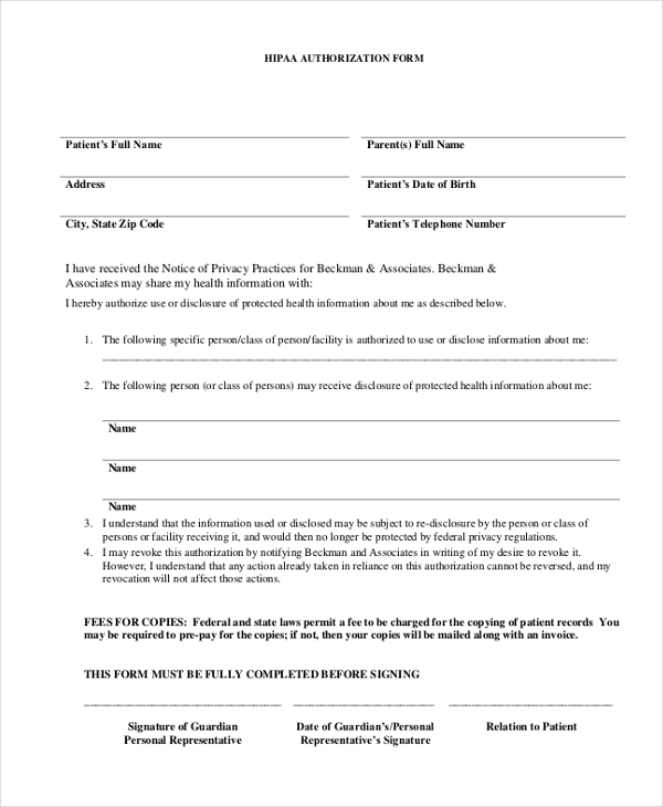 Free Printable Hipaa Authorization Form