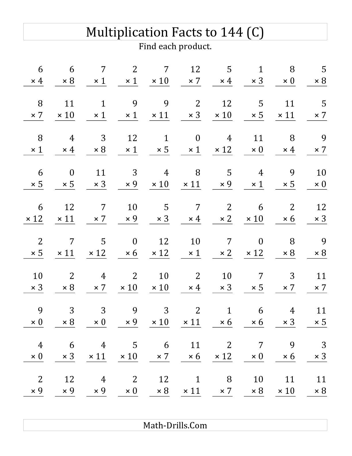 The Multiplication Facts To 144 Including Zeros (C) Math regarding Printable 1 Minute Multiplication Drills