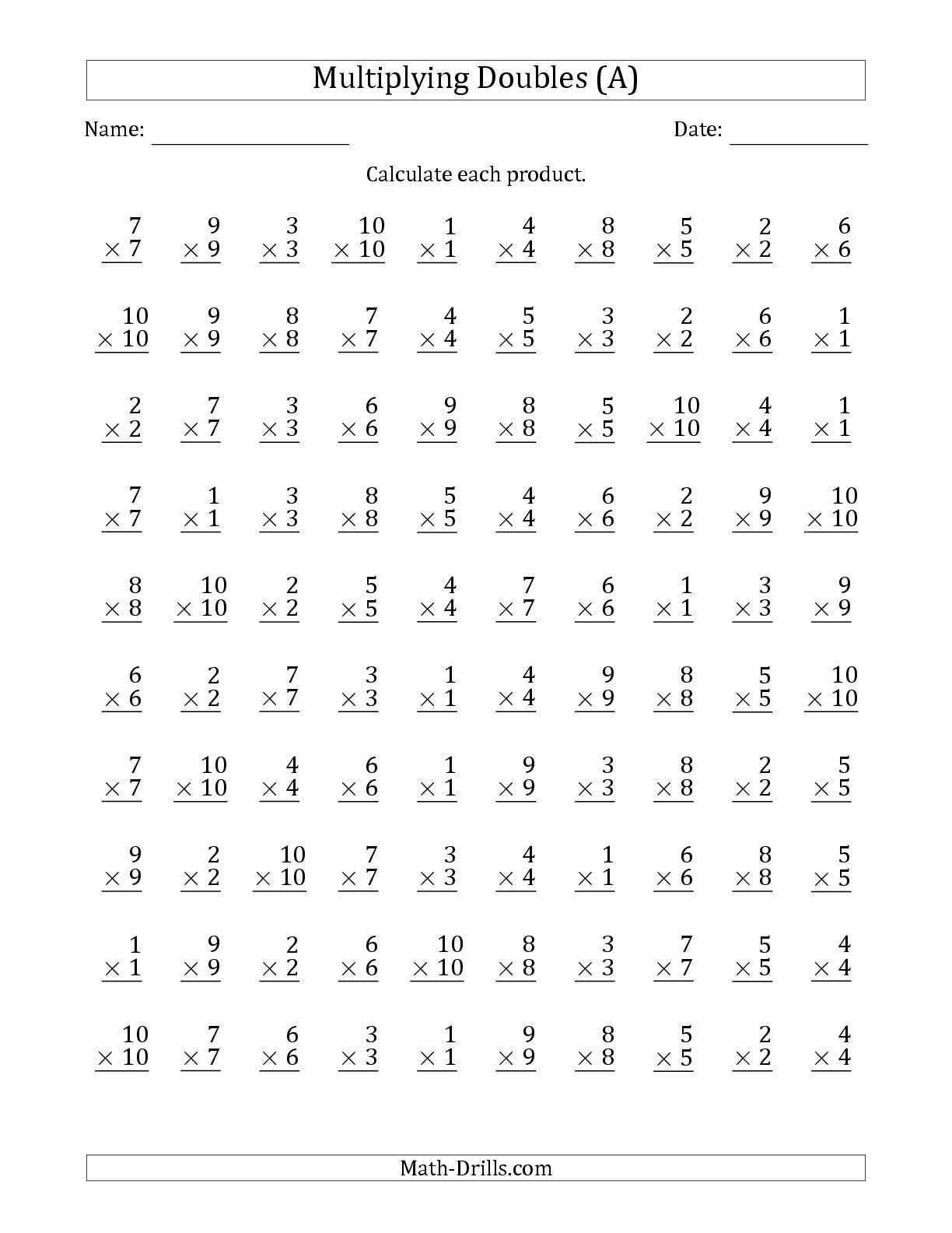 The Multiplying Doubles From 1 To 10 With 100 Questions Per with Printable 1 Minute Multiplication Drills