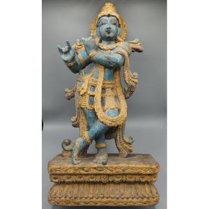 Polychrome Wooden Sculpture – Late 18th Century Representation Of Krishna Playing The Flute