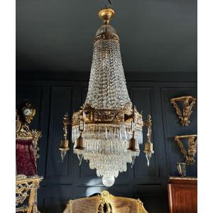 19th Century Louis XVI Style Gilt Bronze Chandelier With Crystal Tassels - H125cm