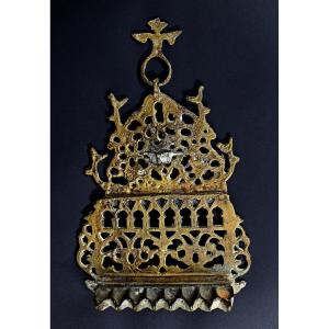 Antique Judaica Menorah Moroccan Brass C19th