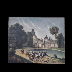 Entrance To The Château De Fontainebleau Oil On Canvas Late 19th Century View Of The Castle Horses