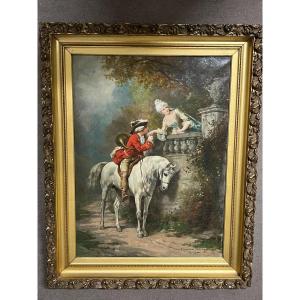 Painting Gallant Equestrian Scene By Theodore Levigne (1848-1912)