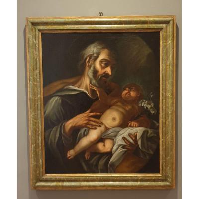 Huile Sur Toile Du 600 Représentant Saint-Joseph Avec l'Enfant