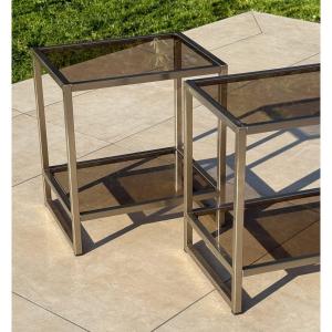 Maison Jansen, Pair Of Brushed Steel Side Tables Circa 1970