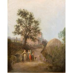 Scène Rurale Avec Paysannes Et Paysage Champêtre. XIXe Siècle. Signé A. Retti (?)