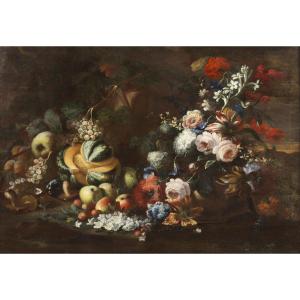 Still Life In Pose With Flowers, Fruit And Mushrooms  '700