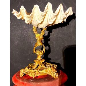 Rare And Beautiful Empty Shell Pocket Holy Water Font Mounted On An Openwork Baroque Base In Gilt Bronze 19th Century