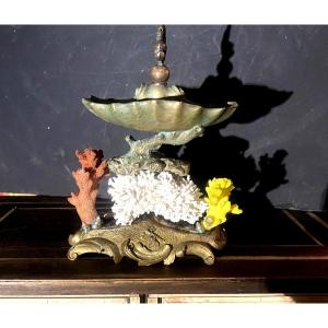 Beautiful Bronze Holy Water Font And Dolphin Ring Box; Louis XV Baroque Base With Corals And Shells 19th Century