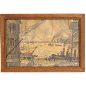 Aquarelle Louis Robert Antral Vue Port Bateaux Le Havre Normandie XXème