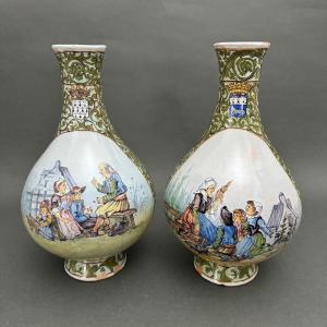 Pair Of Porquier-beau Earthenware Vases Decorated With Figures