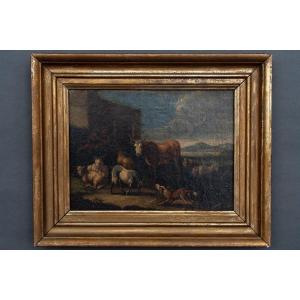 Oil On Canvas 18th Century Scene Of Animals And Shepherd Gilded Frame